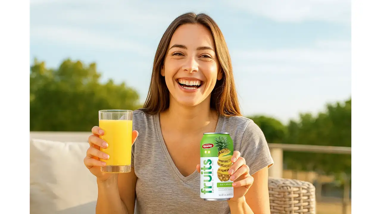 1 Amazing Sip Real Juice Not From Concentrate 4  A happy consumer enjoying a refreshing moment with Nasami real juice not from concentrate, symbolizing natural wellness and satisfaction.
