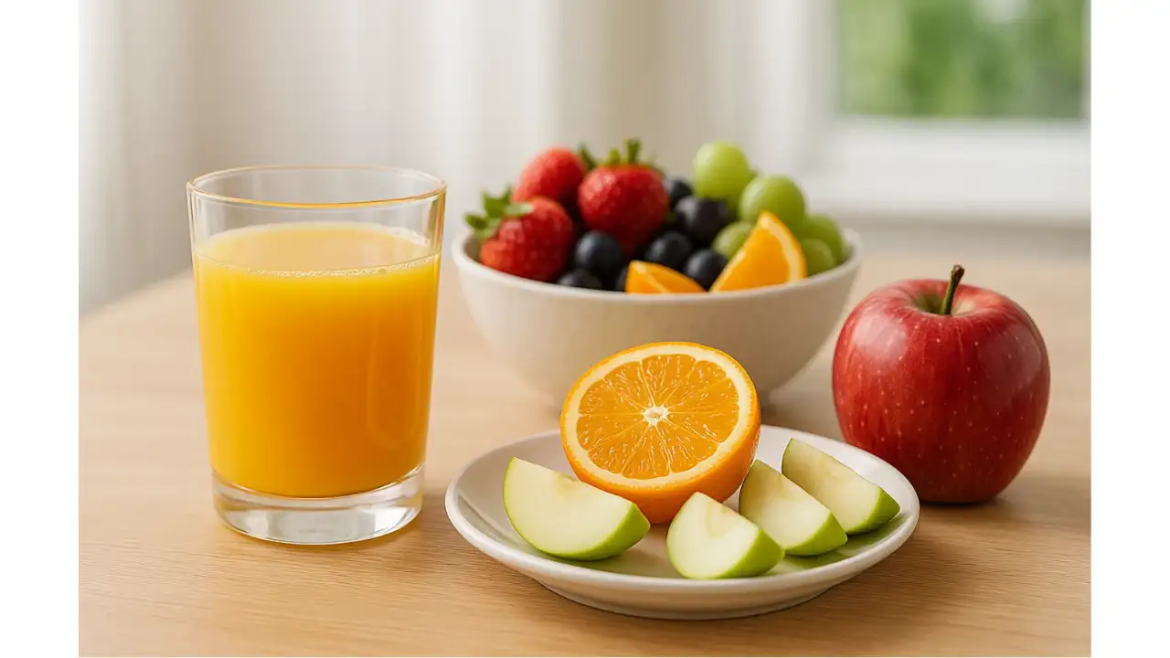 9 Surprising Apple Orange Juice Facts That Will Amaze You 2 A refreshing breakfast with apple orange juice and fresh fruit on the side