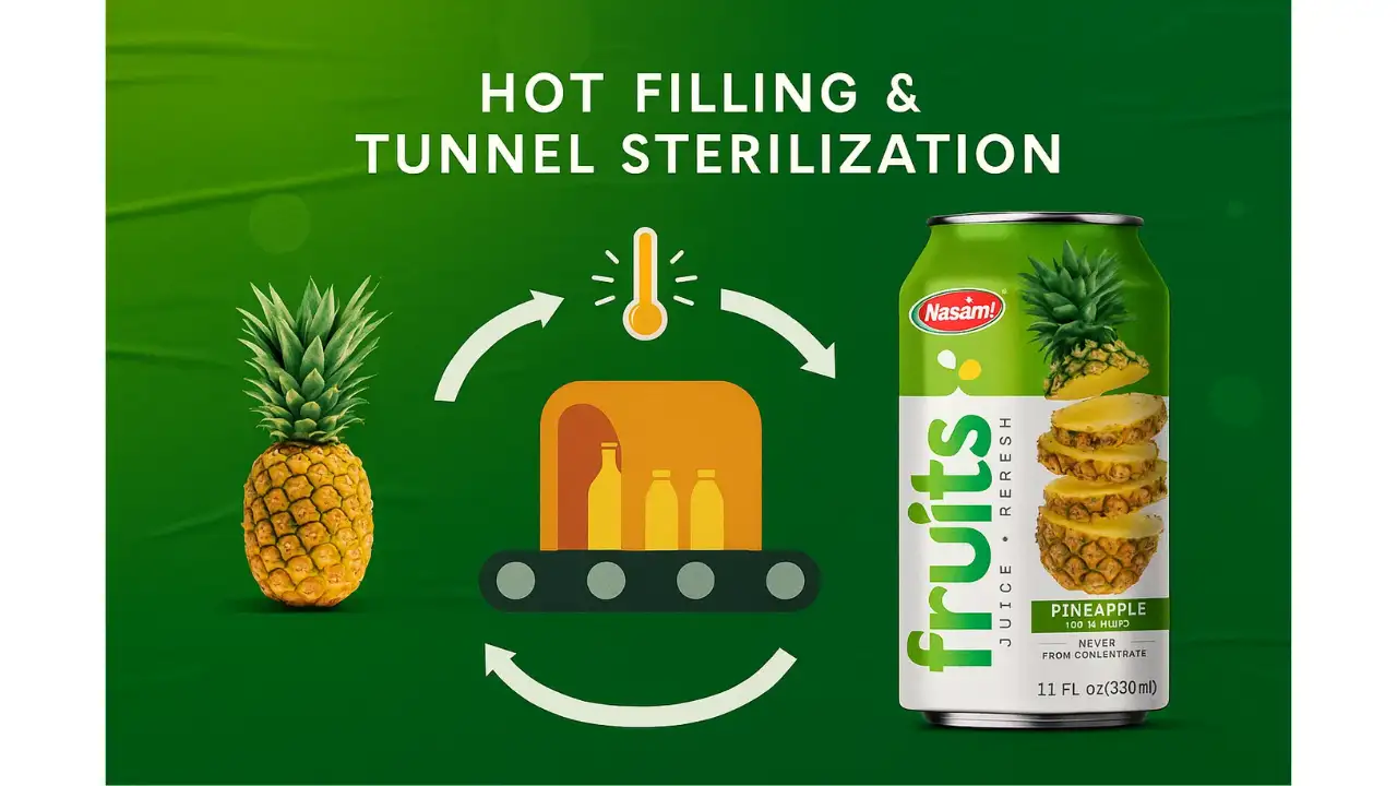 Shelf Stable Fruit Juice: 3 Surprising Facts About Its Longevity & Nutrition 2 Diagram illustrating Nasami's hot filling and tunnel sterilization process for shelf stable fruit juice