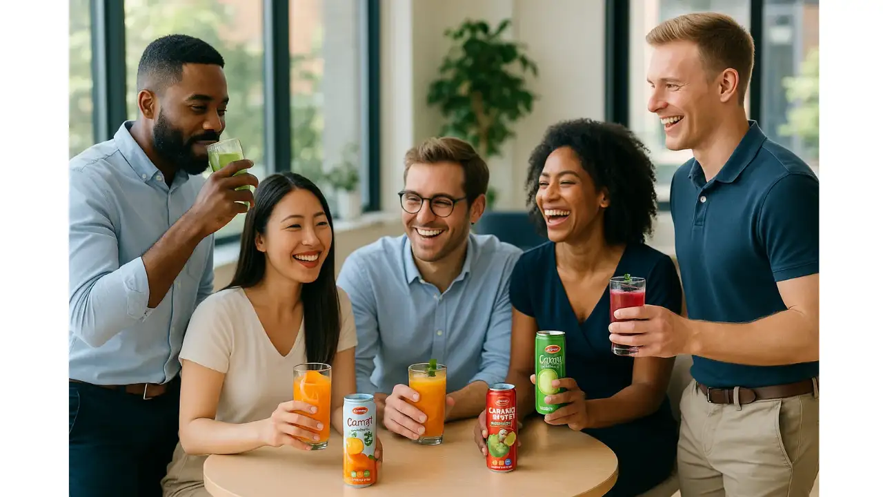 7 Healthy Juice for Weight Loss: Shed Pounds Fast! 1 Diverse office employees enjoying healthy juice for weight loss.