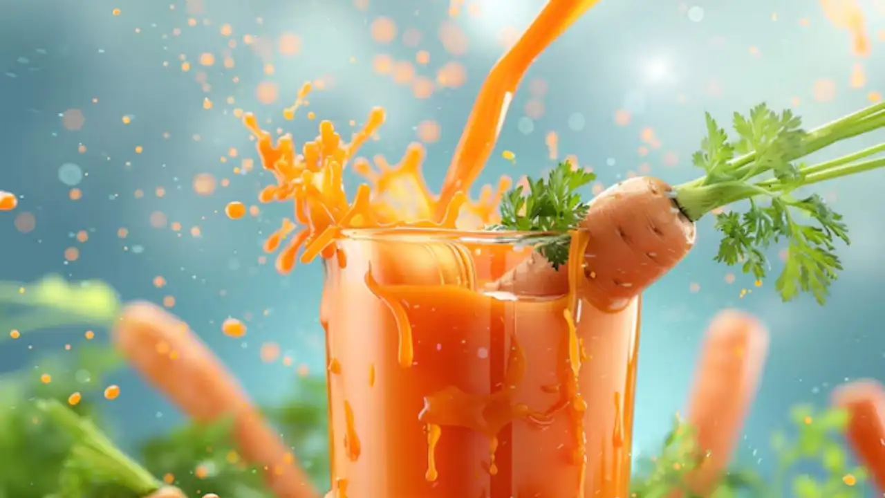 5 Ways Healthy Carrot Juice Becomes a Lifestyle Around the World 1 Fresh carrot juice in a glass surrounded by raw carrots, lemon slices, and mint leaves, symbolizing global health trends.