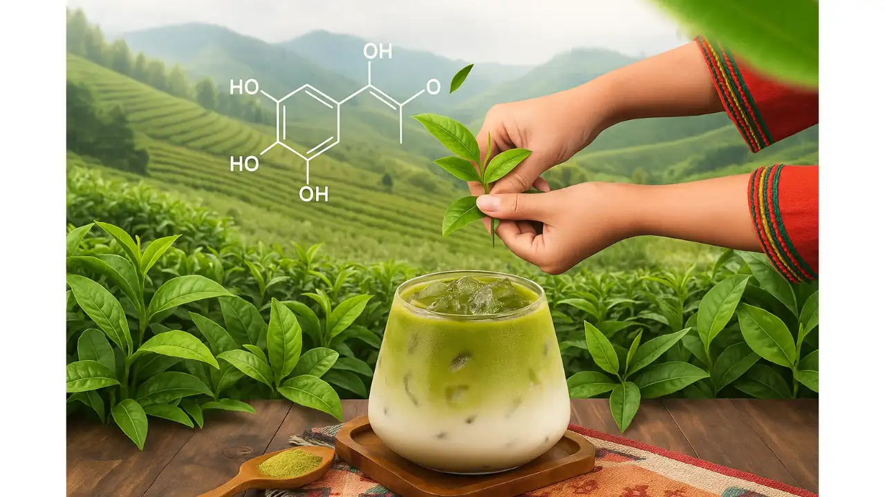 5 Proven Benefits of Decaffeinated Green Tea To Boost Your Wellness 2 Fresh green tea leaves and EGCG molecule illustration highlighting antioxidant benefits