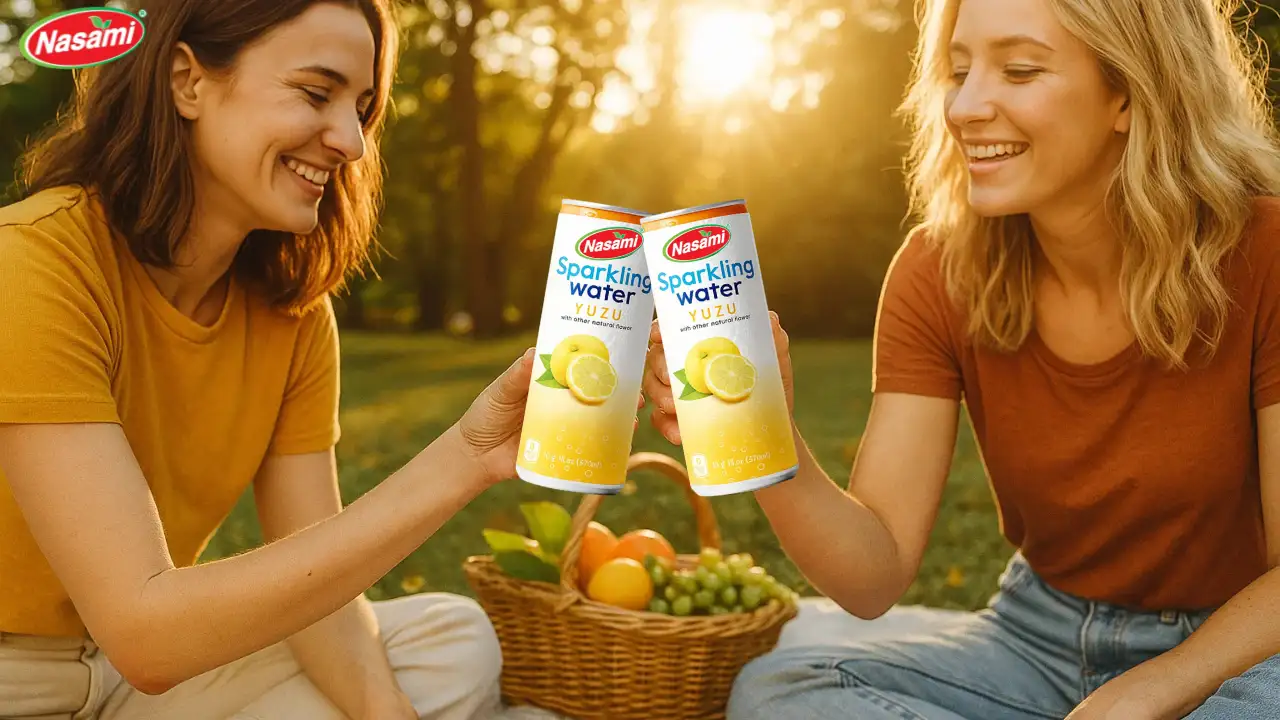 Fresh Yuzu Sparkling Juice: 7 Refreshing Flavors You’ll Love 1 Friends-enjoying-Nasami-Fresh-Yuzu-Sparkling-Juice-at-an-outdoor-picnic-with-fruits-and-snacks