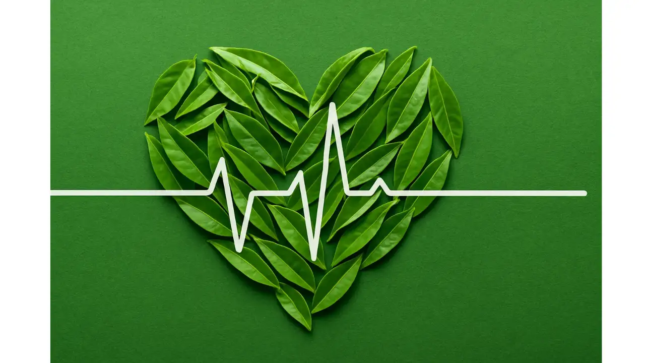 5 Proven Benefits of Decaffeinated Green Tea To Boost Your Wellness 3 Heart health concept with green tea leaves and electrocardiogram overlay