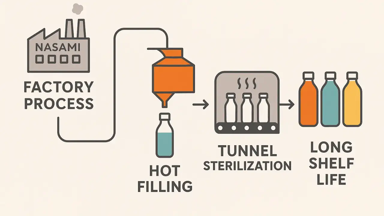 Discover Top 7 Amazing Fruit Juice Ready to Drink Options 3 Infographic showing Nasami's advanced production for high-quality RTD juice