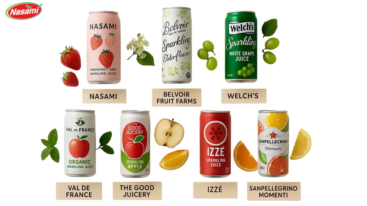 7 Best Pregnancy-Safe Sparkling Juice Picks to Enjoy 2 NASAMI Flat Lay of 7 Juice Options