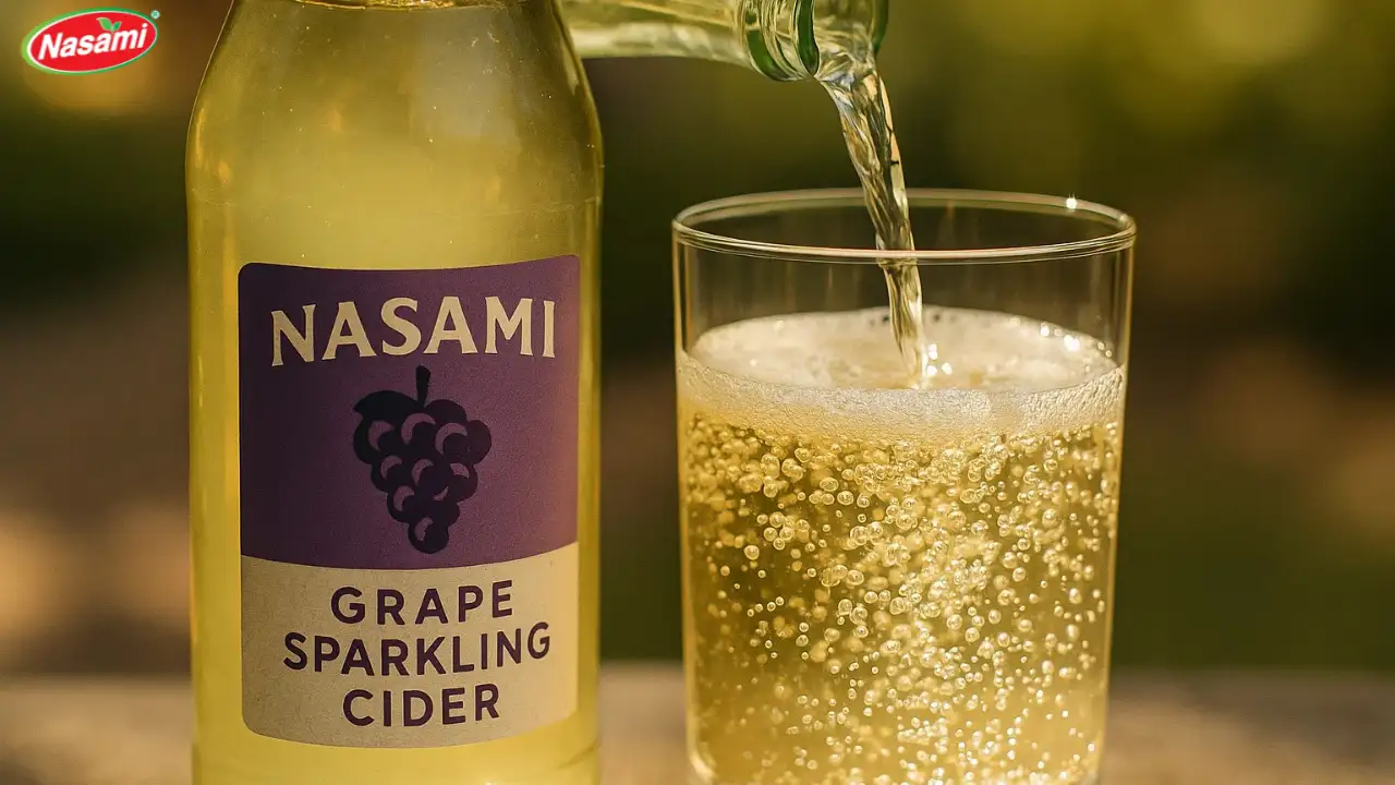 Grape Sparkling Cider: 7 Refreshing Picks You’ll Love 1 Nasami Grape Sparkling Cider being poured into a glass with sparkling bubbles