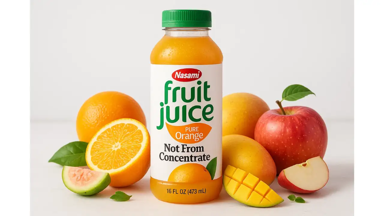 1 Amazing Sip Real Juice Not From Concentrate 3 Nasami Juice's "Not From Concentrate" bottle presented with fresh, whole fruits, emphasizing our dedication to real juice not from concentrate.