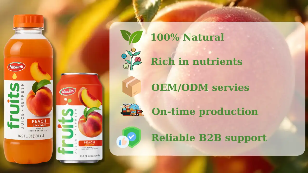 Why Natural Peach Juice is the Ultimate Choice for B2B Markets 5 Nasami’s 100% Natural Peach Juice product displayed with fresh peaches