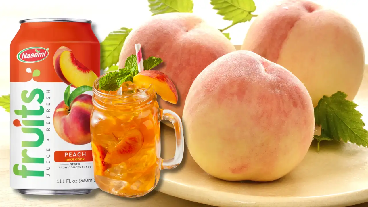Why Natural Peach Juice is the Ultimate Choice for B2B Markets 4 Nasami’s 100% Natural Peach Juice product displayed with fresh peaches