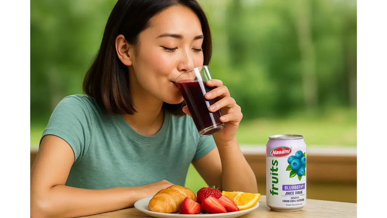 Discover Pure Joy 100% Blueberry Juice Not From Concentrate 9 Person enjoying a refreshing glass of Nasami blueberry juice not from concentrate for a healthy lifestyle.