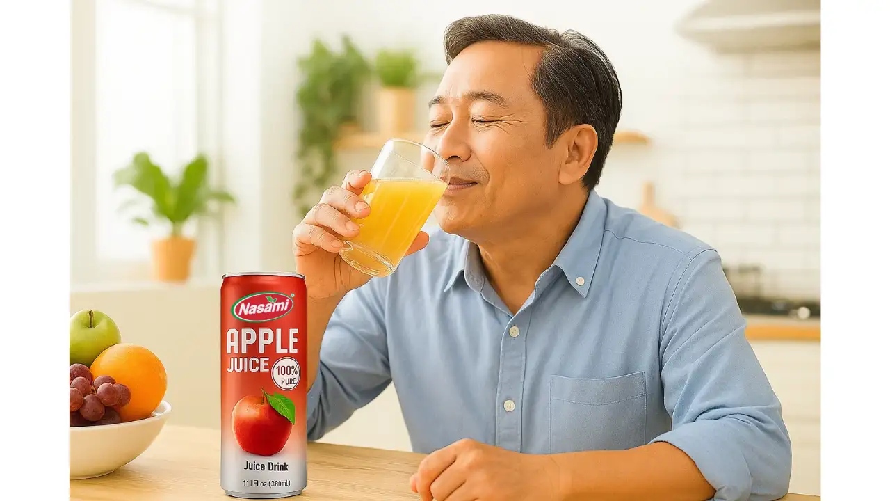 5 Best Apple Juice Not from Concentrate to Try Today 3 Person smiling and enjoying a refreshing glass of Nasami best apple juice not from concentrate.