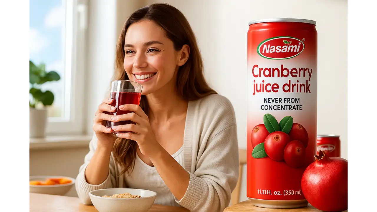 Smiling healthy woman about to drink a glass of cranberry juice good for you.