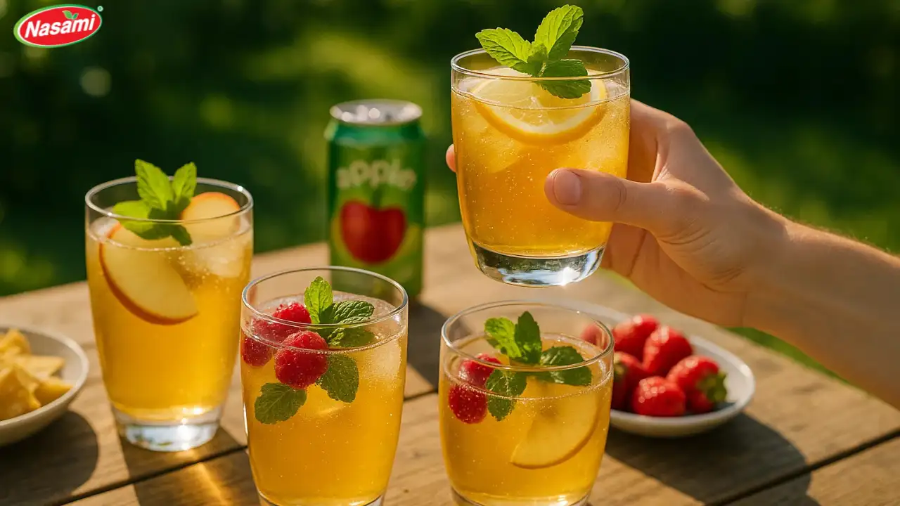Apple Bubbly Drink: 7 Irresistible Ways to Enjoy 1 Outdoor picnic scene with friends enjoying Nasami Apple Bubbly Drink mocktails garnished with mint and lemon.