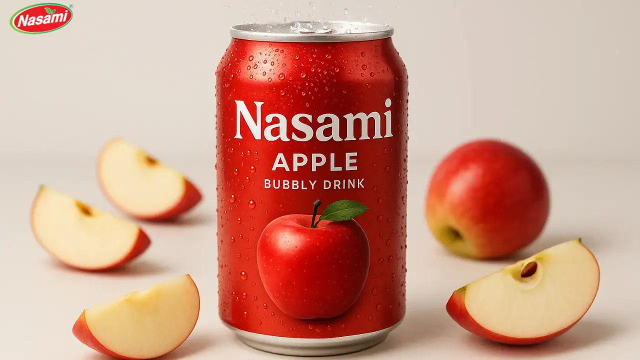 Apple Bubbly Drink: 7 Irresistible Ways to Enjoy 3 Studio shot of Nasami Apple Bubbly Drink can with fresh apples and sparkling fizz effect.