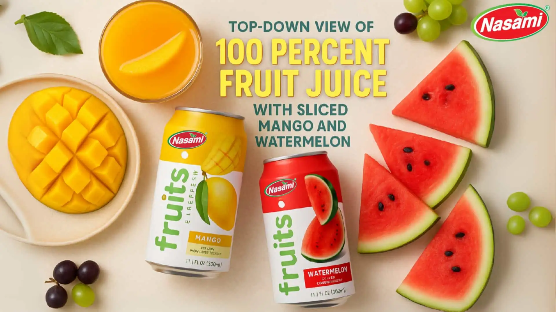 The Shocking Truth About 100 Percent Fruit Juice Health 3 Top-down view of 100 percent fruit juice with sliced mango and watermelon